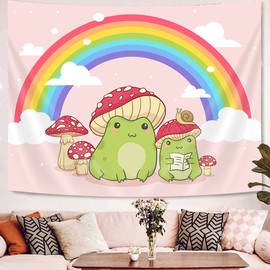 Cute Tapestry, Kawaii Frog Mushroom Snails Rainbow Tapestry for Bedroom Aesthetic, Pink Cottagecore Tapestry Wall Hanging for Teen Girls Bedroom Funny Living Room Dorm 80 X 60 Inch