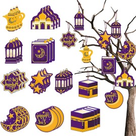 Eid Mubarak Decorations, Pack of 30 Ramadan Mubarak Decorative Pendants, Moon Star Mosque Eid Mubarak Hanging Ornaments for Ramadan Mubarak Decoration, Ramadan Gifts (Purple)