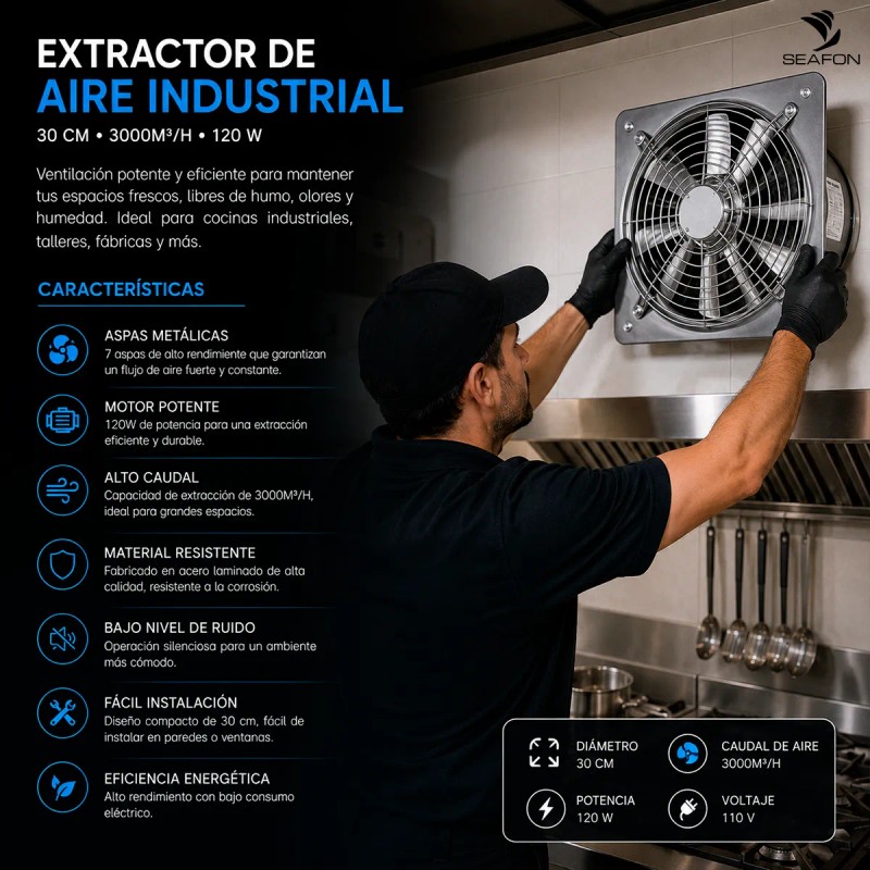 Extractor De Aire Industrial Para Cocina 30cm 3000m3/h 120w