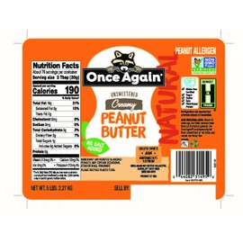 Once Again Natural, Creamy Peanut Butter, 5lb Bucket - Salt Free, Unsweetened - Gluten Free Certified, Vegan, Kosher, Non-GMO Verified