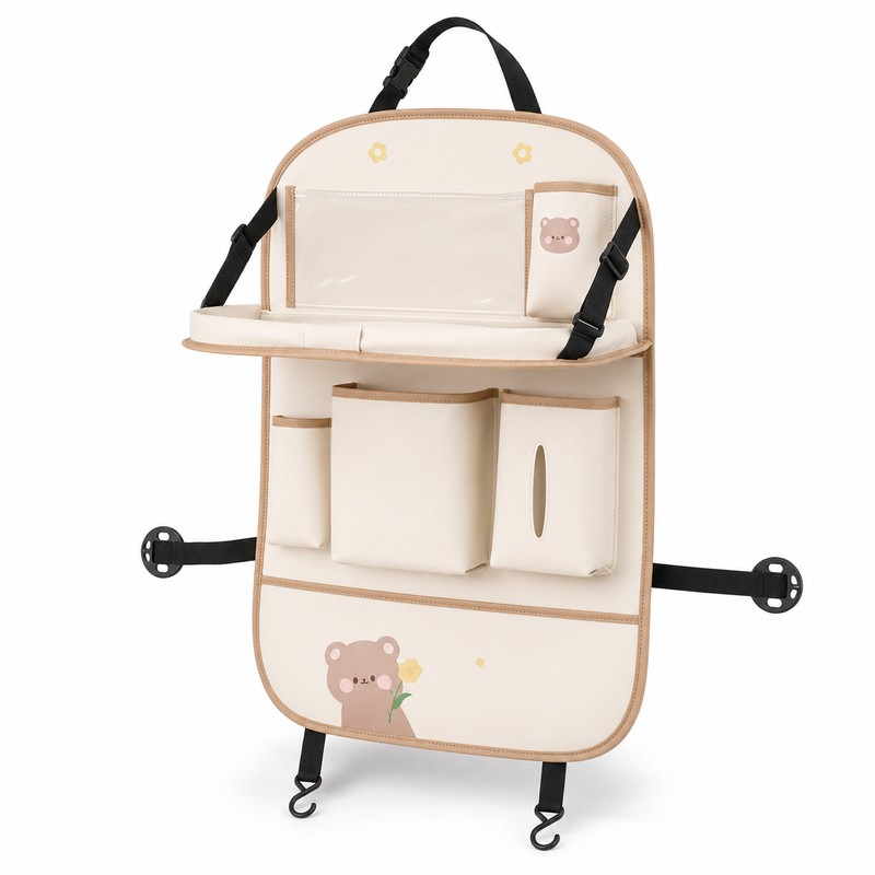 PU Leather Car Seat Back Organizer with Foldable Tray, Multi-Pocket