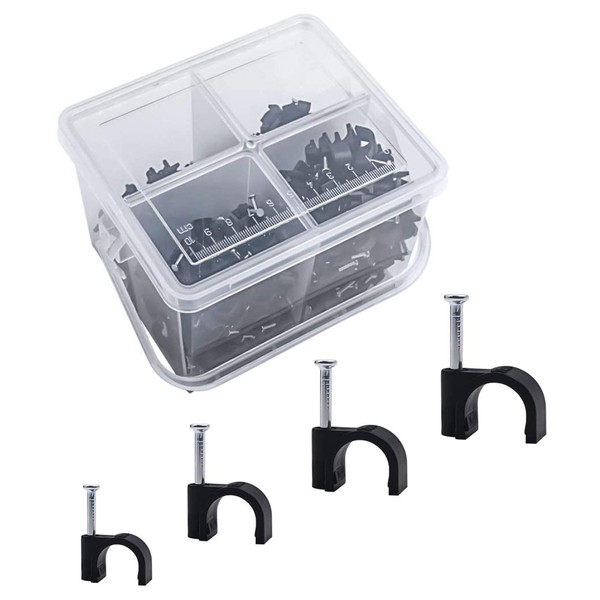 Round Cable Clips Assortment 6mm 7mm 8mm 10mm - Pack of 400, with Portable PP Box (Black)