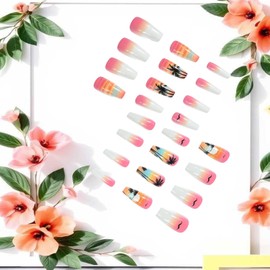 Summer Beach Press on Nails Medium Ballet Shaped Coconut Tree Sunset Pattern Design Full Cover Glossy Gradient Acrylic Fake Nail DIY Press Ons Artificial Fingernails Glue on Nails for Women 24Pcs