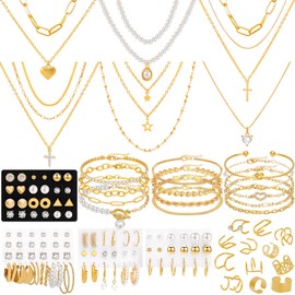 NEWITIN 120 Pieces Gold Jewelry Set for Women Fashion Costume Jewelry Gold Plated Necklace Bracelet Ear Cuff Earrings Set for Women