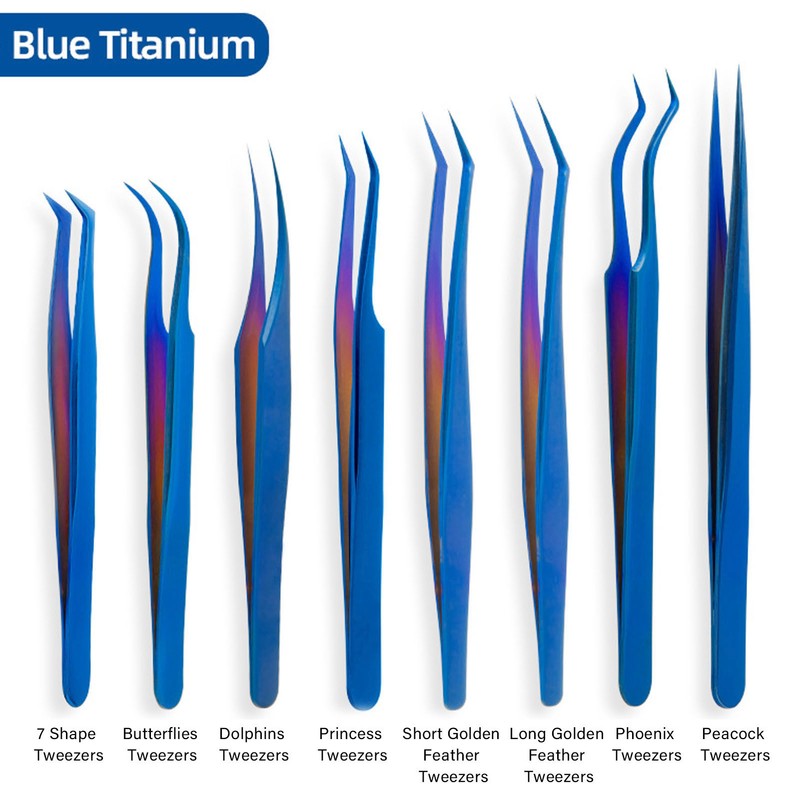 8pcs Eyelash Tweezers Stainless Steel Fine Tip Ergonomic Blue Titanium