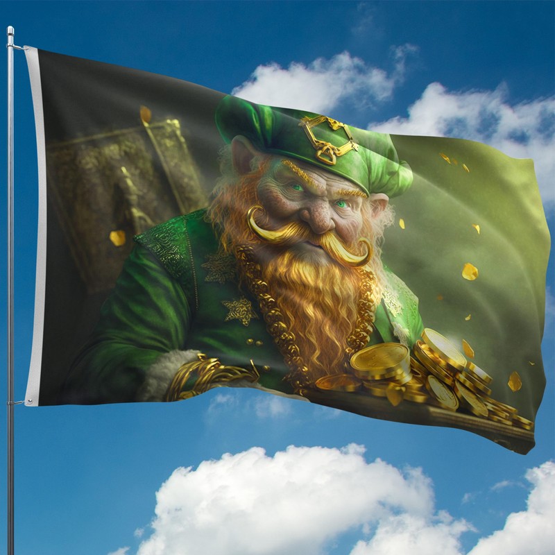 St Patricks Day Flag with Leprechaun and Gold - St