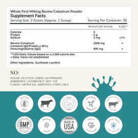 Colostrum Powder 60g, 40% IgG, 30 Servings | First 4-6 Hour Milking, Grass-Fed, Pasture Raised, Unflavored Bovine Colostrum Supplement from Midwest USA Farm | Calostro Bovino para Adultos