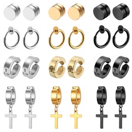 Aroncent 12 Pairs Magnetic Earrings for Men Stainless Steel Small Hoop Earrings Dangle Cross Earrings Fake Earrings Clip On Earrings for Men Women