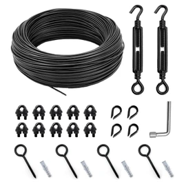 hannger String Light Hanging Kit Outdoor, Full Black Globe String Lights Suspension Kit w/ 50FT PVC Coated Steel Cable & Enough Accessories, Guide Wire for String Lights, Patio Lights, Camping Light