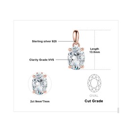 JewelryPalace Oval Cut 9 * 7mm 2ct Cubic Zirconia Solitaire Pendant Necklace for Women, Classic Simulated Diamond 925 Sterling Silver 14k Rose Gold Plated Necklaces for Her VVS D-F, 18 Inch Box chain