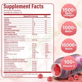 HealthSender Collagen Peptide Gummies, Protein Gummy Filled 1500mg Hydrolyzed Collagen Type I,II,III,V,X,1000mg NAD 15000mcg Biotin Supplement for Sugar-Free Woman &Man's Skin, Hair, Nails, Energy