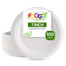 FOOGO Green 100 Disposable Sugarcane Bagasse Plates 7 Inch Small Round Paper Plates Appetizer Dessert Plates Eco Friendly Compostable Plates Picnic Party Plates