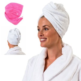 aztex Luxury Hair Turban Towel, Head Wrap Towel, Hair Drying Towel with Loop and Button Fastener, Luxury Absorbent and Lightweight Cotton, Multiple Colours, 64 x 23cm - White