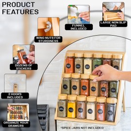 Bamboo Spice Rack for Drawer & Counter - Sturdy Non-Slip Seasoning Organizer for Drawer, Kitchen Countertop & Cabinet - 3-Tiered Foldable Wooden Spice Rack with Funnel & Spice Labels JARS NOT INCLUDED