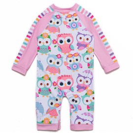 BONVERANO Baby Girl One-Piece Swimsuits Full Front Zip Sunsuit UPF50+ Sun Protection Long Sleeve with Swim Cap(PINKOWL,18-24 Months)