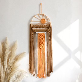 Macrame Sun Wall Decor Sunset Hanging Tapestry Wall Art Boho Woven Tapestries Large Dream Catcher, Rustic Orange Brown Home Decorations for Bedroom Living Room Nursery