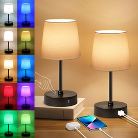 Ascher Small Bedside Table lamp Set of 2, RGB Color Changing Lamps, 3 Color Temperatures Nightstand Lamps with USB C and A Ports, Touch Dimmable Desk Lamp for Bedroom Living Room(White Shade)
