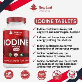 Iodine Tablets 100% RI - Vegan High Strength 180 Tablets Iodine Supplements, Natural Source of Iodine from Potassium Iodide, 6 Month Supply, GMO Free, Made in UK by New Leaf