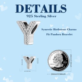 Symretie Alphabet A-Z Initial Bead Charms Sterling Silver with Cubic Zirconia with European Bracelets and Necklace, Sterling Silver, No Gemstone