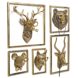 Animal Heads Wall Decor Resin Animals Sculptures Head Wall Hanging Decoration Gold vintage Wall Sculpture for Living Room Bedroom Office(5pcs,Includes Metal Frame)