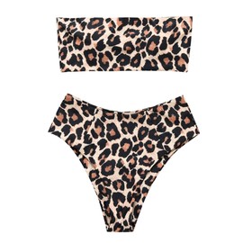 OMKAGI Women's 2 Pieces Bandeau Bikini Swimsuits Off Shoulder High Waist Bathing Suit High Cut(Medium,Apricot Leopard)