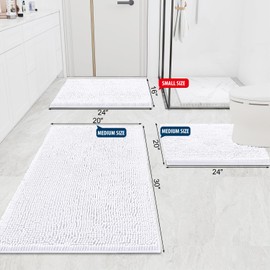Smiry Luxury Chenille Bath Rug 44''x24'', Extra Soft and Absorbent Shaggy Bathroom Mat Rugs, Machine Washable, Non-Slip Plush Carpet Runner for Tub, Shower, and Bath Room, White