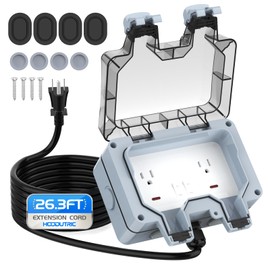 Outdoor Power Outlet Box with 26.3Ft Extension Cord, NEMA 5-15R, IP66 Waterproof Outlet Box 14AWG Wire Double Socket with Lockable Cover & LED Indicator for Garden & Outdoor Use