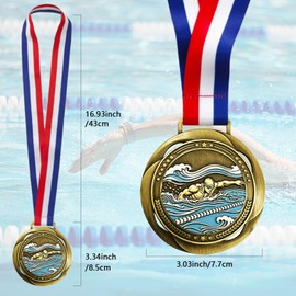 YUJUE Swimming Medal - 3.34 Inch - Freestyle Swimmer Design with Stars & Laurel Wreath - Custom Award for Swim Competitions, Tournaments & Sports Events - Includes Red, White & Blue Ribbon