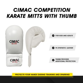 CIMAC Competition Karate Mitts with Thumb - Junior, White - Protects Your Hands During Training and Sparring, Lightweight & Durable, with Injection-Moulded Foam Padding