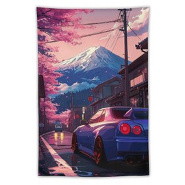 FeoYoed Tapestry Wall Hanging Aesthetic Decoration For Bedroom Living Room Wall Art Tapestries Anime Jdm Car R35 Mount Fuji Cherry Blossoms 40"x60"