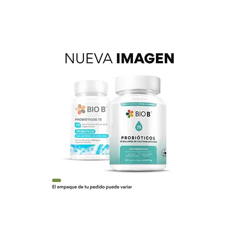 BIO B Probióticos 75 billones UFC prebióticos 30 cápsulas veganas