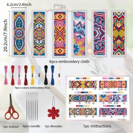 ORIGACH 6 Set Mandala Pattern Cross Stitch Bookmark Kit for Beginner with Backing Felt Floss Instructions DIY Stamped Embroidery Bookmark Kit for Adults, Book Lovers