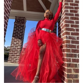 Lisong Women Maxi Tulle Floor Length Layered High Waist Spectial Occasion Skirt 3XL Red