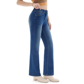 Prettyleaf Women's 28" Petite Stretch Flare Jeans High Waisted Curvy Bootcut Denim Pants, Blue, X-Large