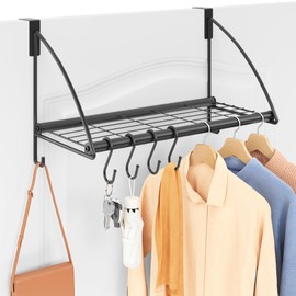 Tajsoon Over The Door Hanger with Storage Rack and 6 Hooks, Over The Door Clothes Racks for Hanging Towel & Coat, Door Rack Hanger for Bathroom, Bedroom, Living Room, Black