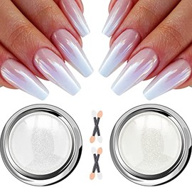 White Pearl Chrome Nail Powder - Aurora Ice Shimmer Moonlight Nail Powder, Mermaid Iridescent Chrome Pigment Powder for Nails, Gifts for Women Mirror Effect Glitters Nail Art Powder for DIY Salon