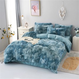 chovy Faux Fur Tie-Dyed Blue White Colorful Comforter Sets Queen - 3PC Bed Set Ultra Soft Plush Flannel Velvet Fluffy Fuzzy Bedding（Comforter x 1 Pillowcases x 2）