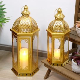 EU Stock Set of 2 Moroccan Gold Metal Candle Lantern Hanging Portable Glass Candle Holder for Home Holiday Decorcolor: Gold, size: 22*19*50 16*14*38
