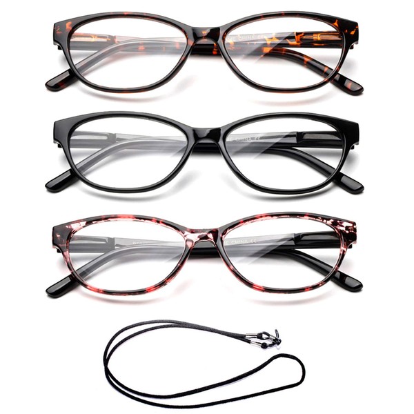 Slim Cat Eye Translucent Tortoise Shell Fashion Reading Glasses for Women 3 Pack with Lanyard +1.75