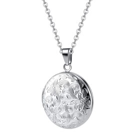TOFBS Picture Locket for Opening with Chain Round Flower Women Men Necklace Stainless Steel Amulet Pendant with Photo Jewellery, Stainless Steel