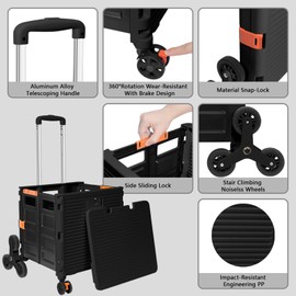 FELICON SELORSS Folding Utility Cart Portable Rolling Crate Handcart with Stair Climbing Wheels&360°Swivel Wheels Telescoping Handle Plastic Box Dolly for Travel Shop Move Office Teacher Use(Black)