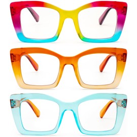 REAVEE 3 Pack Oversized Square Reading Glasses Oprah Style for Women, Blue Light Blocking Large Frame Computer Designer Fashion Readers with Spring Hinge (Rainbow/Orange/Cyan,3.5)