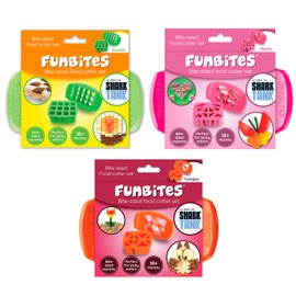 FUNBITES Sandwich Cutter for Kids Lunch, Mini Cookie Cutter, Bento Box Accessories, Cut Food into Bite-Size Shapes for Toddlers, Great for picky eaters - Green Squares/Pink Hearts/Orange Triangles 3pk