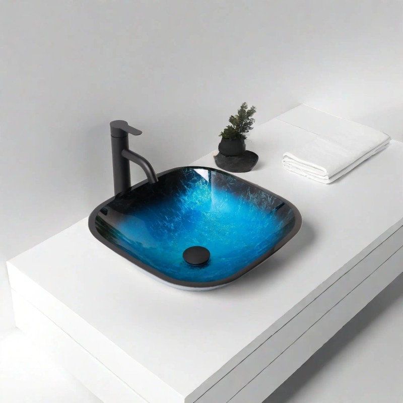 Blue Artistic Tempered Glass Vessel Sink With Faucet And Pop