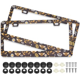 Bee Honeycomb and Flowers License Plate Frames, 2 Pack Bee Honeycomb Flower Car Plate Frame, Stainless Steel License Plate Holders Covers with Free Screws Fasteners Caps (Bee Flowers)