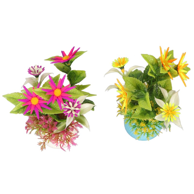 2pcs Artificial Aquarium Plants Silicone Flowers Reusable Resin Pots Fish