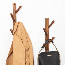 ExoLiry Rustic Wooden Wall Mounted Clothes Hanger Set of 2 Branch Style Racks 4 Rounded Pegs Torched Brown Finish Multiple Hook Organizer Coats Towels Hats Scarves Purses Entryway Bathroom Closet