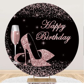 Leowefowa Luxurious Rose Gold Birthday Round Backdrop 7.2x7.2ft Deluxe Golden Glittering Heels Champagne Sparkle Black Background for Women Lady Bday Happy Birthday Party Banner Supplies Photo Props