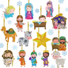 Whaline 15Pcs Christmas 5D Diamond Drawing Keychain Kit DIY Handmade Nativity Angel Diamond Drawing Pendent Rhinestone Mosaic Making Full Drill Diamond Art Ornaments Key Chain for Kids Crafts