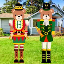 Hiboom 2 Pcs Large Christmas Bear Nutcracker Yard Sign Bear Nutcracker Outdoor Yard Decor Christmas Nutcracker Decorations for Christmas Party Supplies, 13 x 39.4 Inch